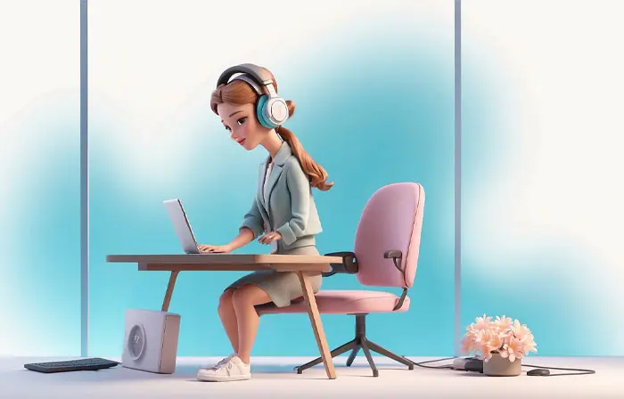 Woman Working from Home at the Desk with Laptop 3D Illustration image